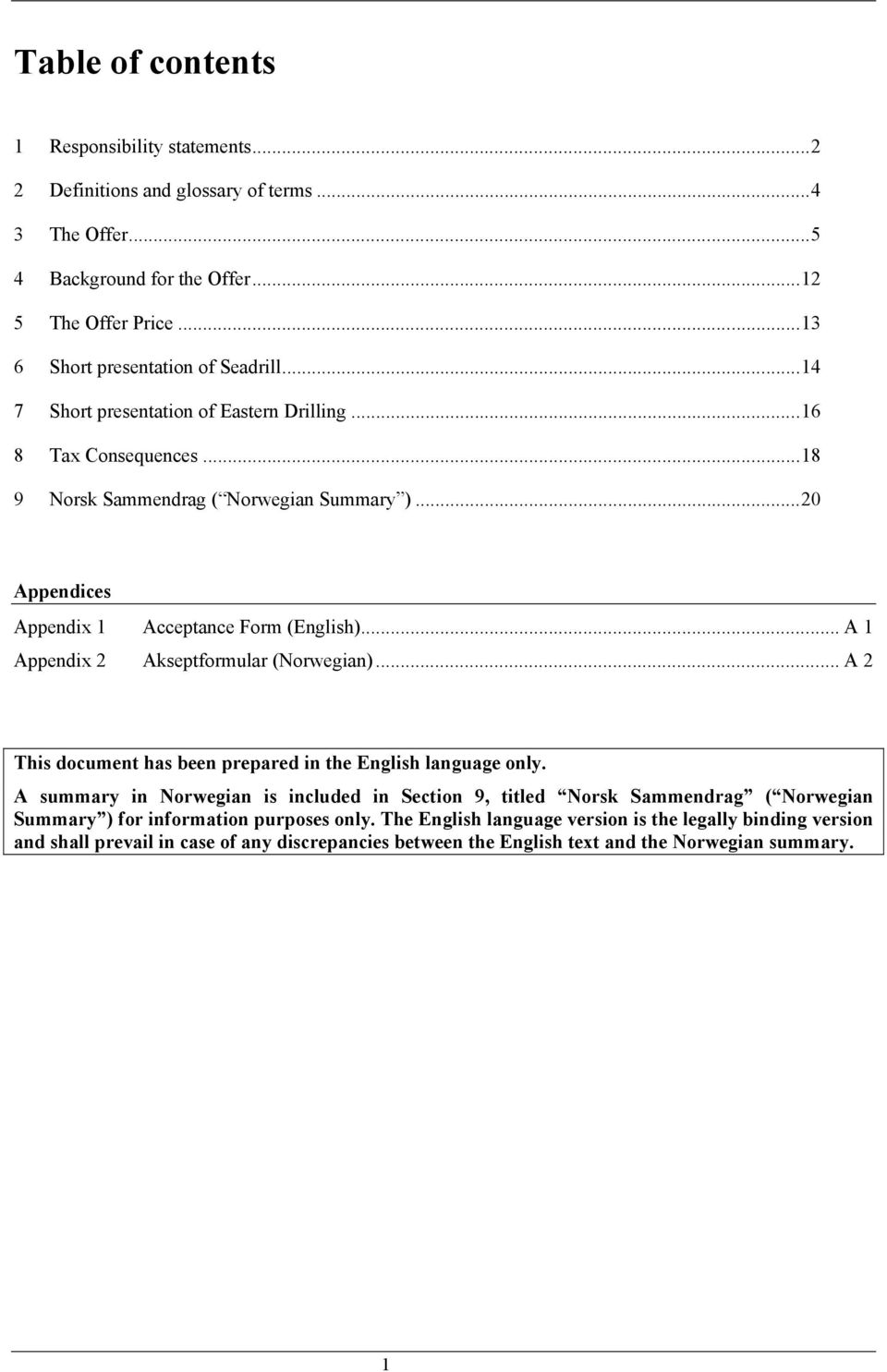 ..20 Appendices Appendix 1 Acceptance Form (English)... A 1 Appendix 2 Akseptformular (Norwegian)... A 2 This document has been prepared in the English language only.