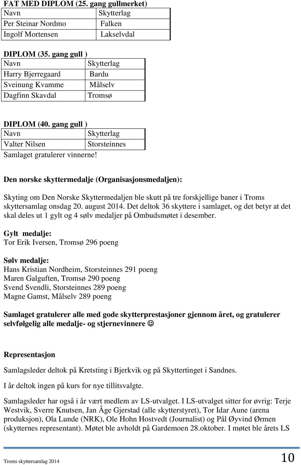 Den norske skyttermedalje (Organisasjonsmedaljen): Skyting om Den Norske Skyttermedaljen ble skutt på tre forskjellige baner i Troms skyttersamlag onsdag 20. august 2014.