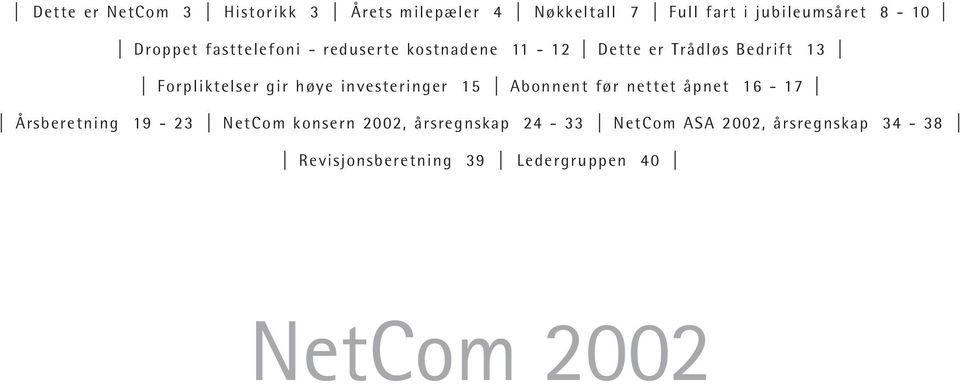 høye investeringer 15 I Abonnent før nettet åpnet 16-17 I I Årsberetning 19-23 I NetCom konsern 2002,