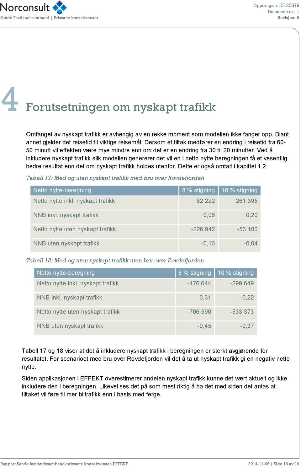 Ved å inkludere nyskapt trafikk slik modellen genererer det vil en i netto nytte beregningen få et vesentlig bedre resultat enn det om nyskapt trafikk holdes utenfor.