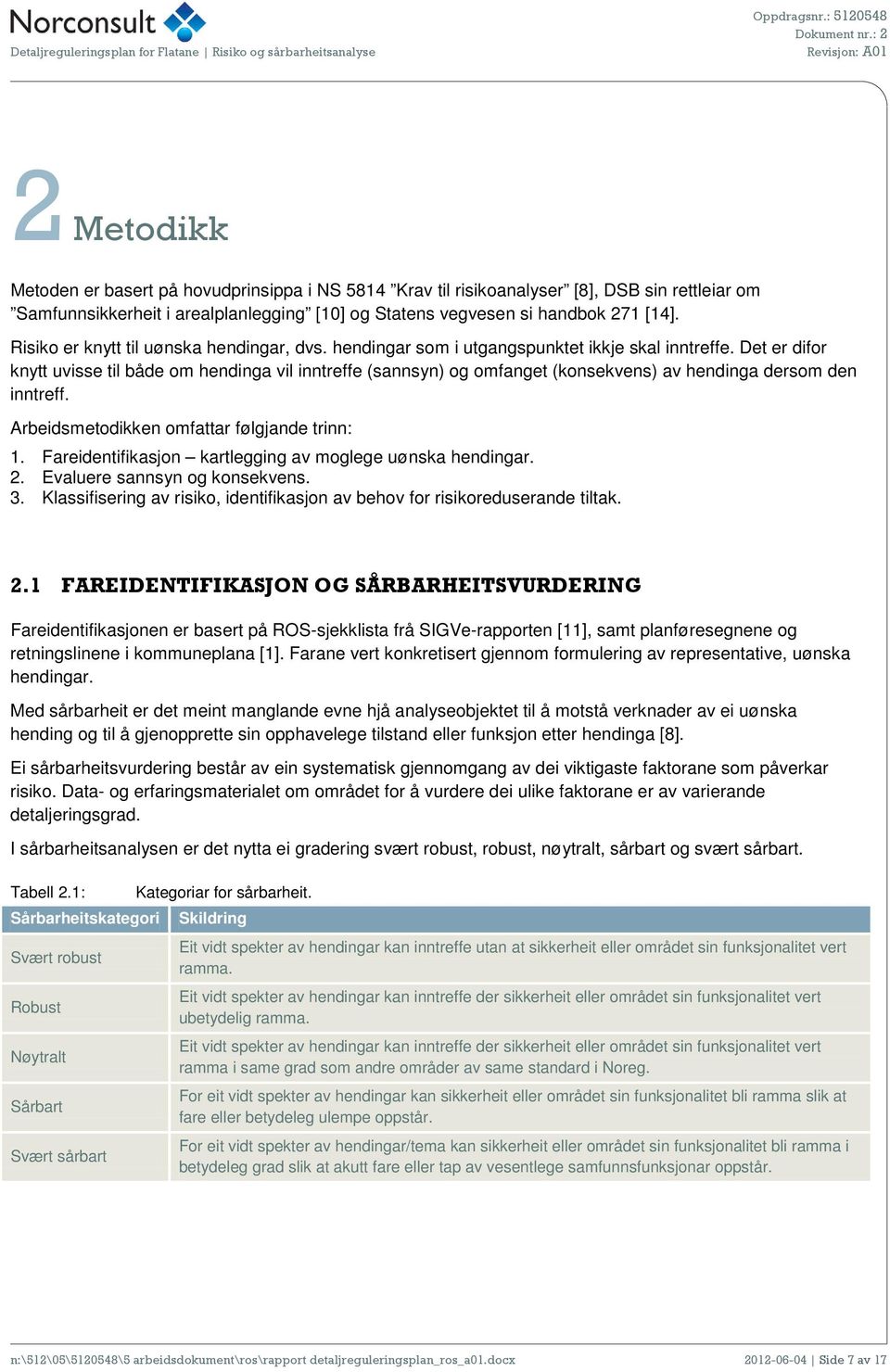 Det er difor knytt uvisse til både om hendinga vil inntreffe (sannsyn) og omfanget (konsekvens) av hendinga dersom den inntreff. Arbeidsmetodikken omfattar følgjande trinn: 1.