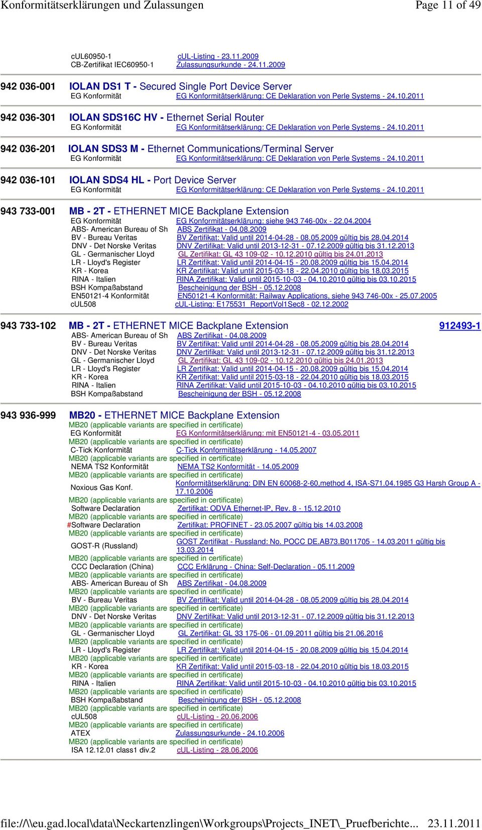 10.2011 942 036-101 IOLAN SDS4 HL - Port Device Server EG Konformität EG Konformitätserklärung: CE Deklaration von Perle Systems - 24.10.2011 943 733-001 MB - 2T - ETHERNET MICE Backplane Extension EG Konformität EG Konformitätserklärung: siehe 943 746-00x - 22.