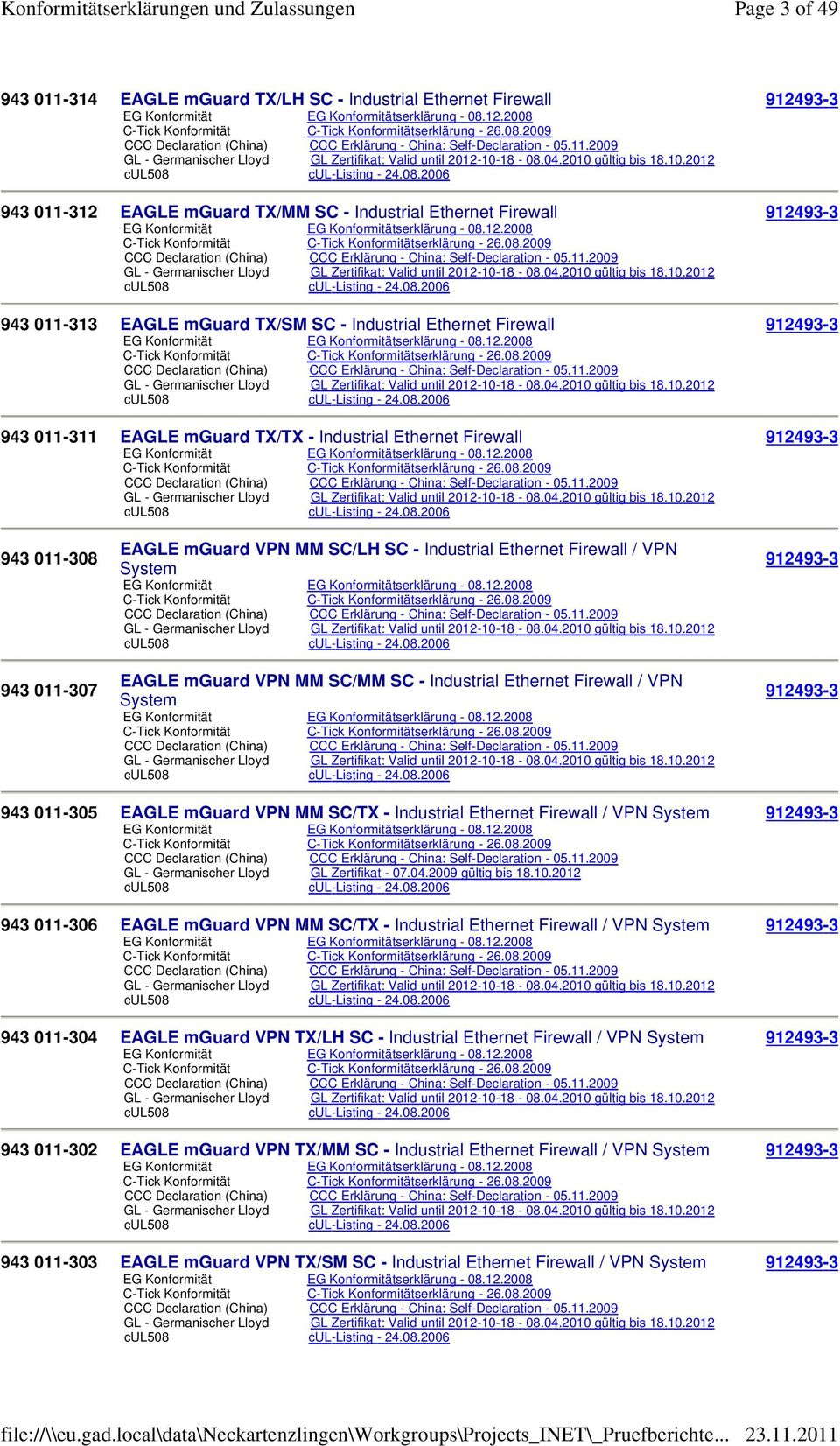 08.2006 943 011-308 943 011-307 EAGLE mguard VPN MM SC/LH SC - Industrial Ethernet Firewall / VPN System cul508 cul-listing - 24.08.2006 EAGLE mguard VPN MM SC/MM SC - Industrial Ethernet Firewall / VPN System cul508 cul-listing - 24.