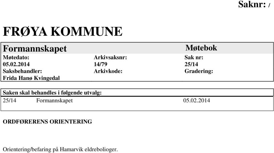 Møtebok Sak nr: 25/14 Gradering: Saken skal behandles i følgende utvalg: