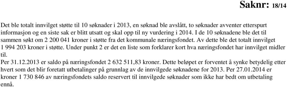 Under punkt 2 er det en liste som forklarer kort hva næringsfondet har innvilget midler til. Per 31.12.2013 er saldo på næringsfondet 2 632 511,83 kroner.