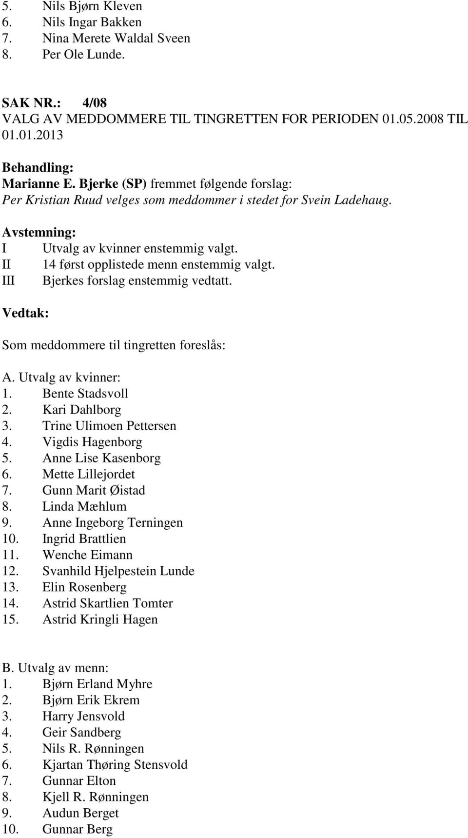 III Bjerkes forslag enstemmig vedtatt. Som meddommere til tingretten foreslås: A. Utvalg av kvinner: 1. Bente Stadsvoll 2. Kari Dahlborg 3. Trine Ulimoen Pettersen 4. Vigdis Hagenborg 5.
