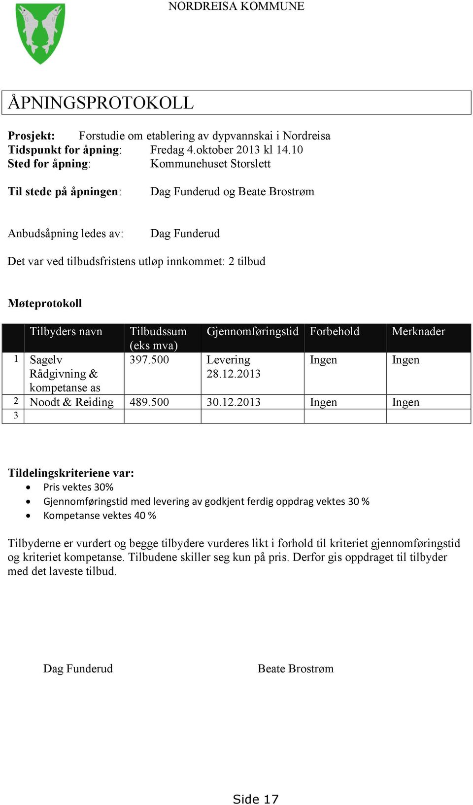 Møteprotokoll Tilbyders navn 1 Sagelv Rådgivning & kompetanse as Tilbudssum (eks mva) Gjennomføringstid Forbehold Merknader 397.500 Levering Ingen Ingen 28.12.