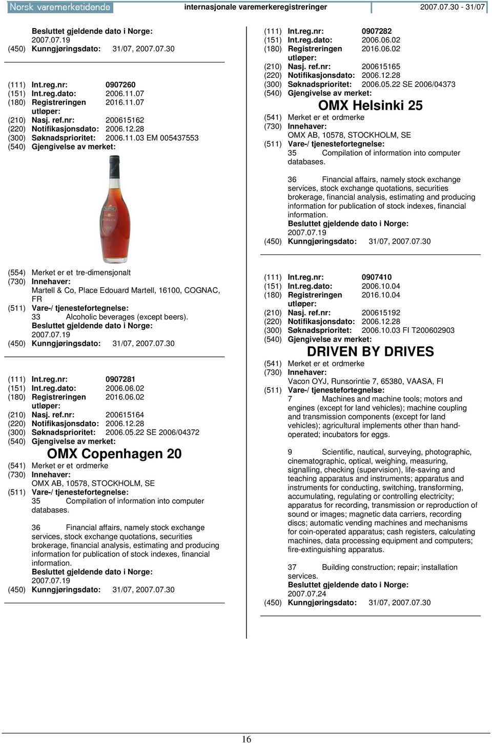 22 SE 2006/04373 OMX Helsinki 25 OMX AB, 10578, STOCKHOLM, SE 35 Compilation of information into computer databases.