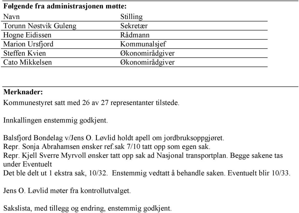 Løvlid holdt apell om jordbruksoppgjøret. Repr. Sonja Abrahamsen ønsker ref.sak 7/10 tatt opp som egen sak. Repr. Kjell Sverre Myrvoll ønsker tatt opp sak ad Nasjonal transportplan.