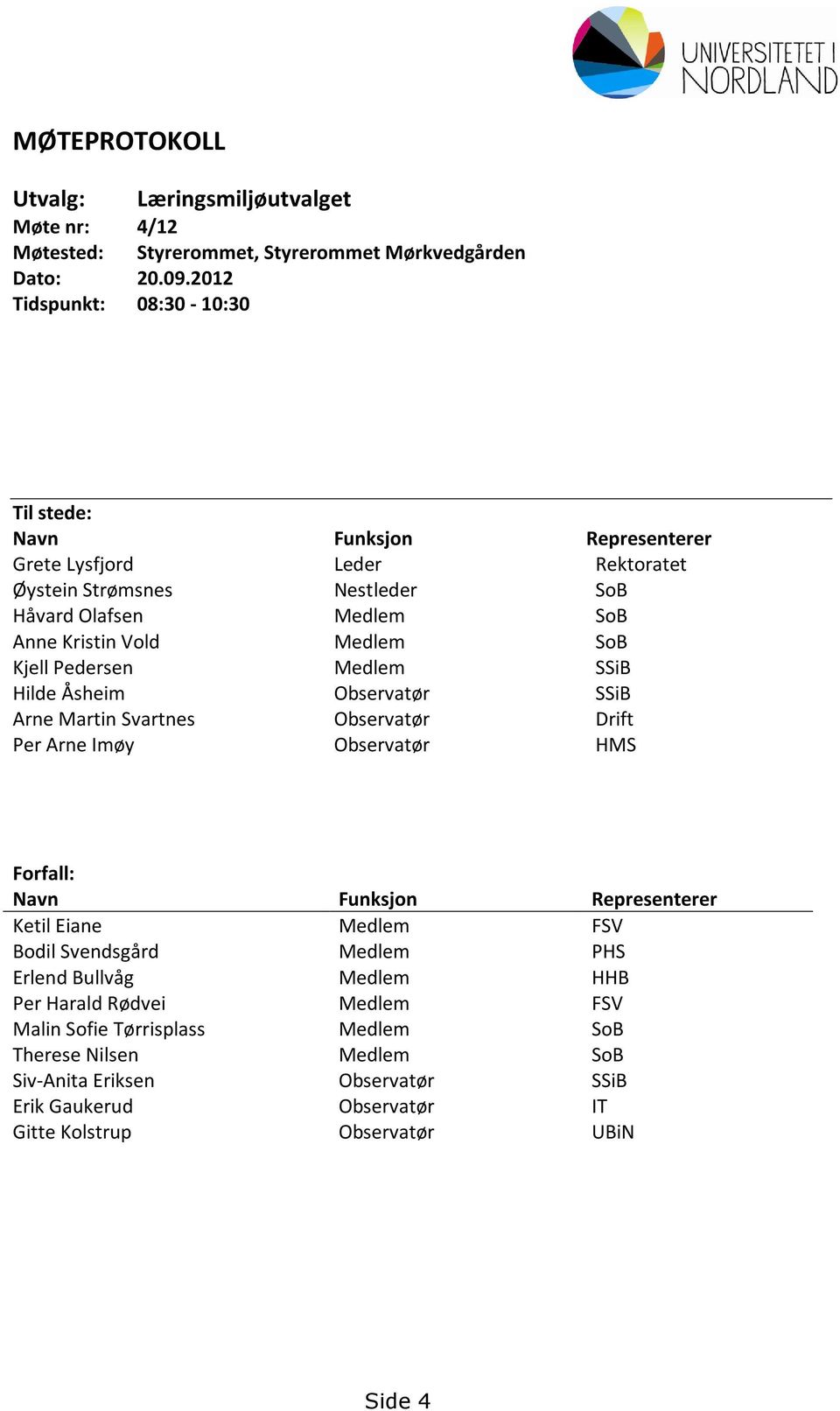 SoB Kjell Pedersen Medlem SSiB Hilde Åsheim Observatør SSiB Arne Martin Svartnes Observatør Drift Per Arne Imøy Observatør HMS Forfall: Navn Funksjon Representerer Ketil Eiane Medlem