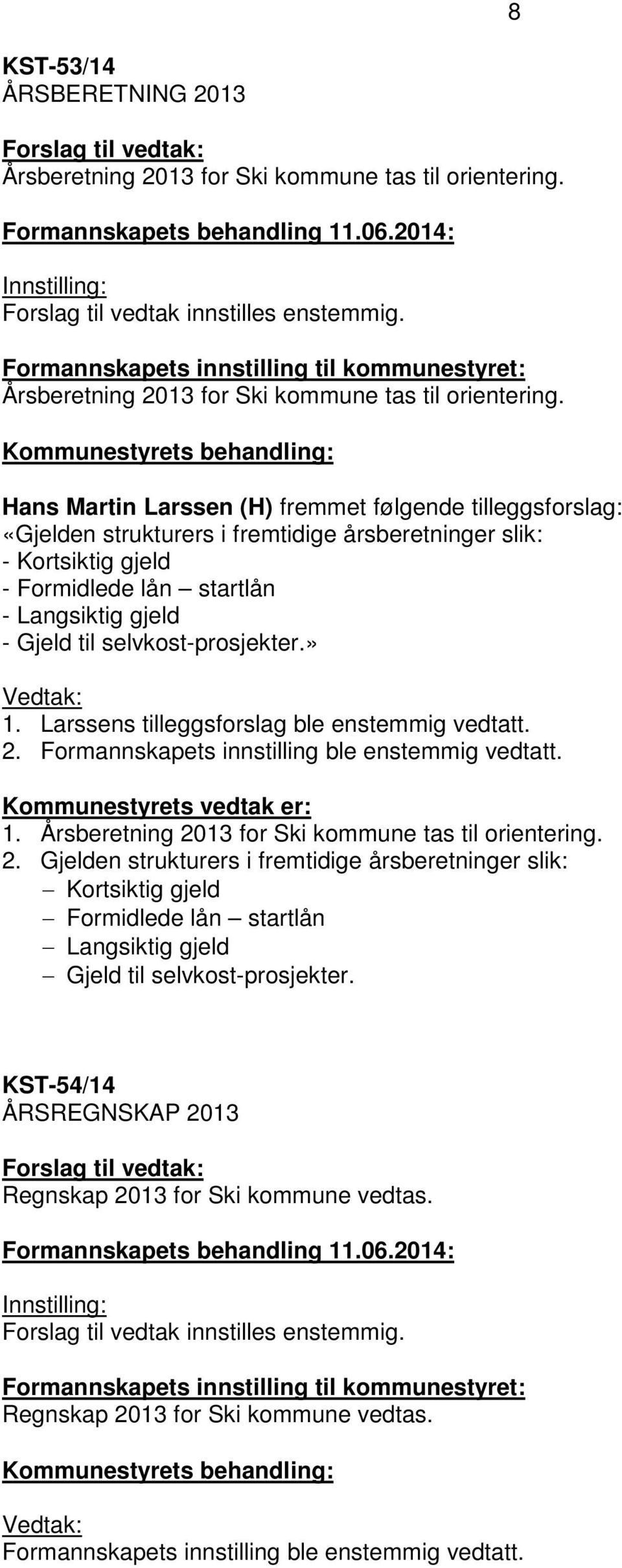 Kommunestyrets behandling: Hans Martin Larssen (H) fremmet følgende tilleggsforslag: «Gjelden strukturers i fremtidige årsberetninger slik: - Kortsiktig gjeld - Formidlede lån startlån - Langsiktig