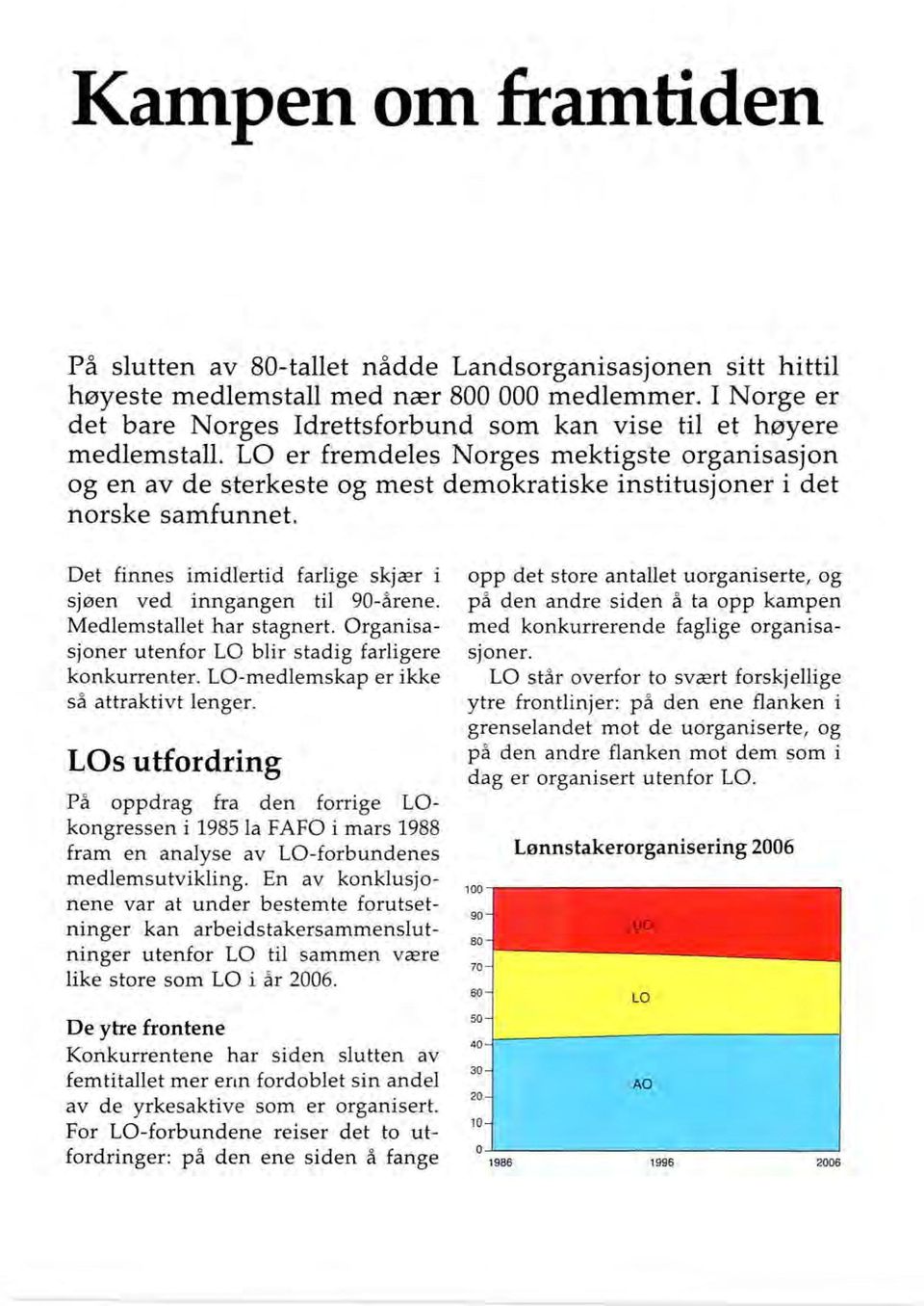 LO er fremdeles Norges mektigste organisasjon og en av de sterkeste og mest demokratiske institusjoner i det norske samfunnet. Det finnes imidlertid farlige skjær i sjøen ved inngangen til 90-årene.