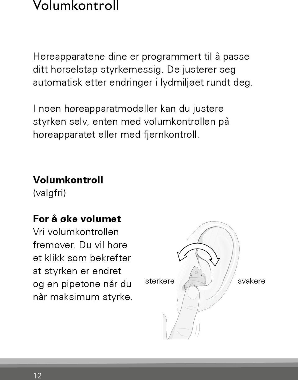 I noen høreapparatmodeller kan du justere styrken selv, enten med volumkontrollen på høreapparatet eller med