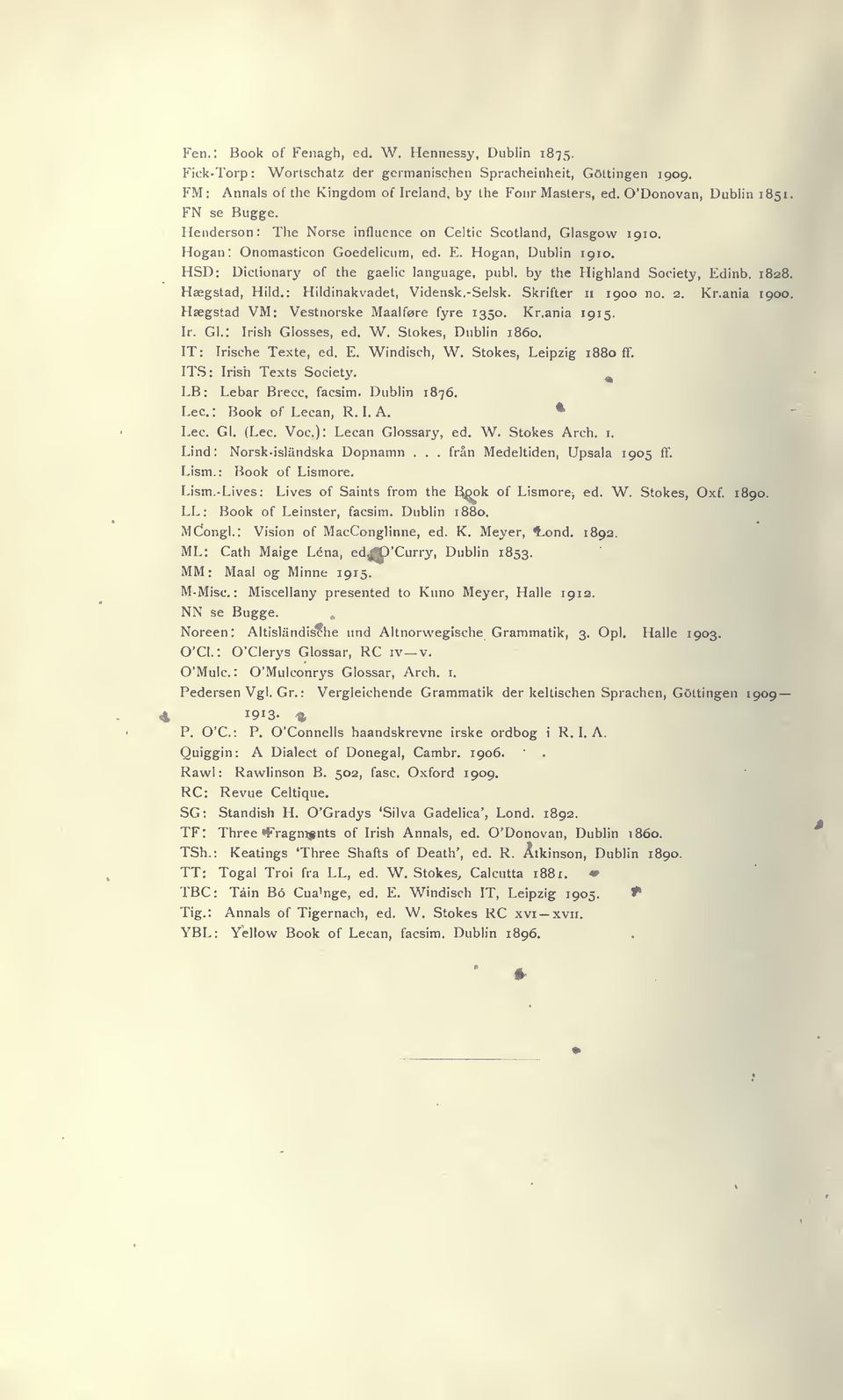 Högan: Onomasticon Goedeliciim, ed. E. Högan, Dublin 1910. HSD: Diclionary of the gaelic language, publ. by the Highland Society, Edinb. 1828. Haegstad, Hild.: Hildinakvadet, Vidensk.-Seisk.