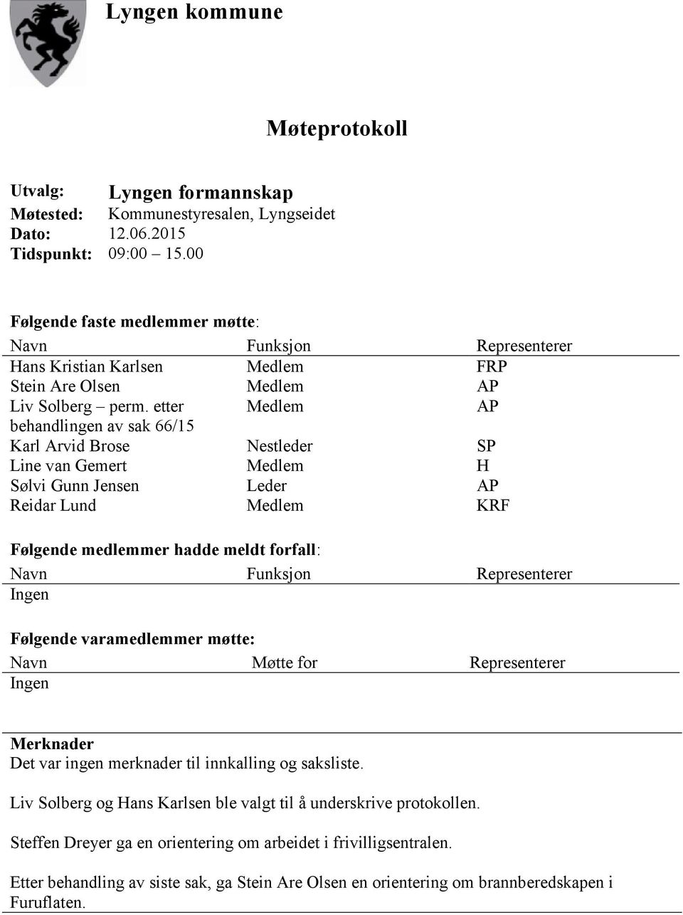 etter Medlem AP behandlingen av sak 66/15 Karl Arvid Brose Nestleder SP Line van Gemert Medlem H Sølvi Gunn Jensen Leder AP Reidar Lund Medlem KRF Følgende medlemmer hadde meldt forfall: Navn