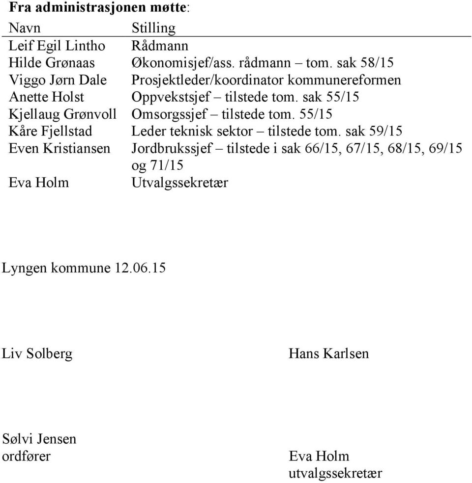 sak 55/15 Kjellaug Grønvoll Omsorgssjef tilstede tom. 55/15 Kåre Fjellstad Leder teknisk sektor tilstede tom.