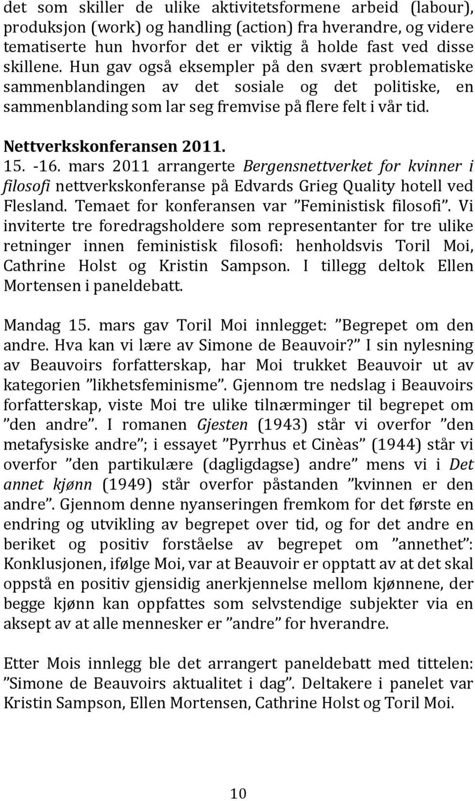 mars 2011 arrangerte Bergensnettverket for kvinner i filosofi nettverkskonferanse på Edvards Grieg Quality hotell ved Flesland. Temaet for konferansen var Feministisk filosofi.