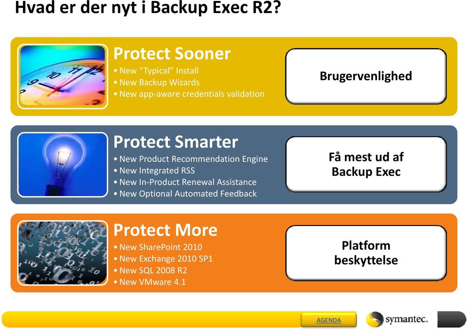 Protect Smarter N P d tr d ti E i Få mest ud af Backup Exec New Product Recommendation Engine New Integrated