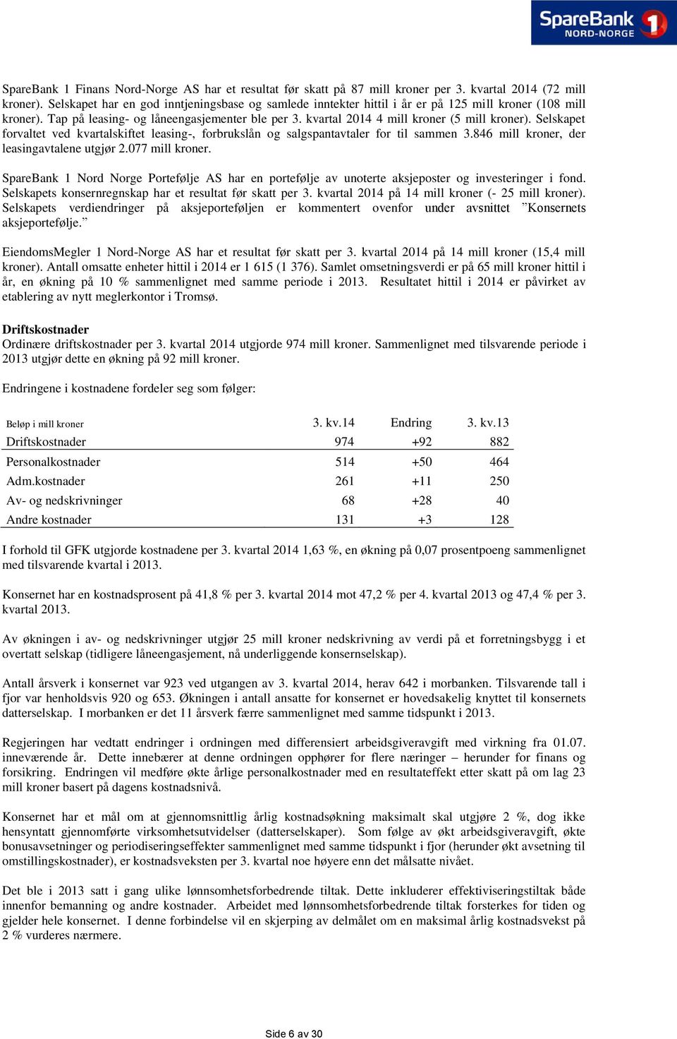 kvartal 2014 4 mill kroner (5 mill kroner). Selskapet forvaltet ved kvartalskiftet leasing-, forbrukslån og salgspantavtaler for til sammen 3.846 mill kroner, der leasingavtalene utgjør 2.