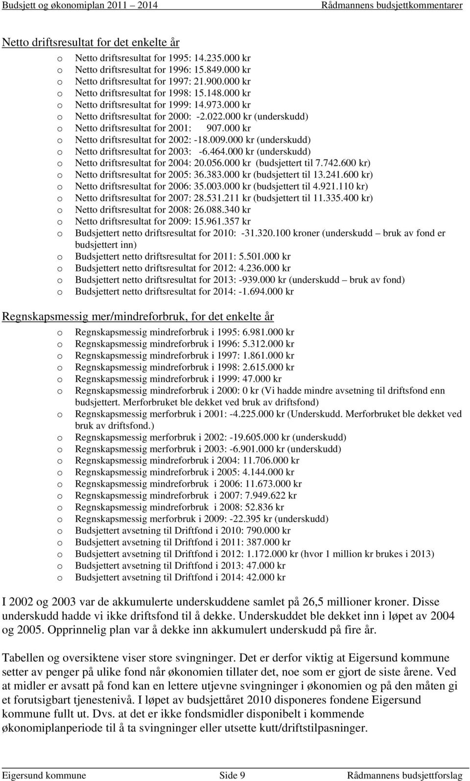 000 kr o Netto driftsresultat for 2002: -18.009.000 kr (underskudd) o Netto driftsresultat for 2003: -6.464.000 kr (underskudd) o Netto driftsresultat for 2004: 20.056.000 kr (budsjettert til 7.742.