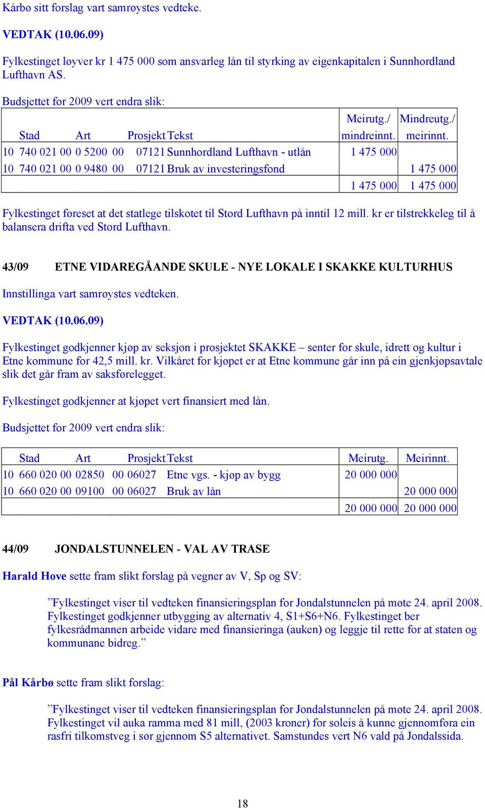 10 740 021 00 0 5200 00 07121 Sunnhordland Lufthavn - utlån 1 475 000 10 740 021 00 0 9480 00 07121 Bruk av investeringsfond 1 475 000 1 475 000 1 475 000 Fylkestinget føreset at det statlege