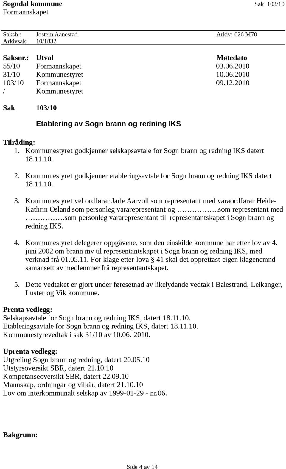 Kommunestyret godkjenner etableringsavtale for Sogn brann og redning IKS datert 18.11.10. 3.