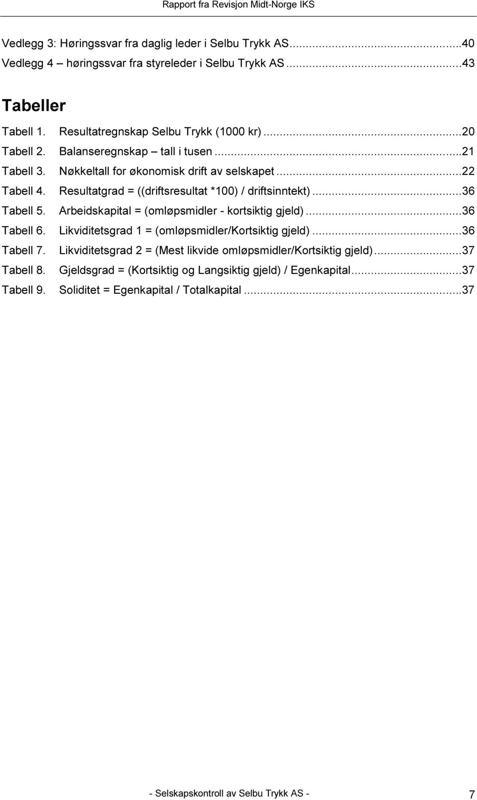 Arbeidskapital = (omløpsmidler - kortsiktig gjeld)...36 Tabell 6. Likviditetsgrad 1 = (omløpsmidler/kortsiktig gjeld)...36 Tabell 7.