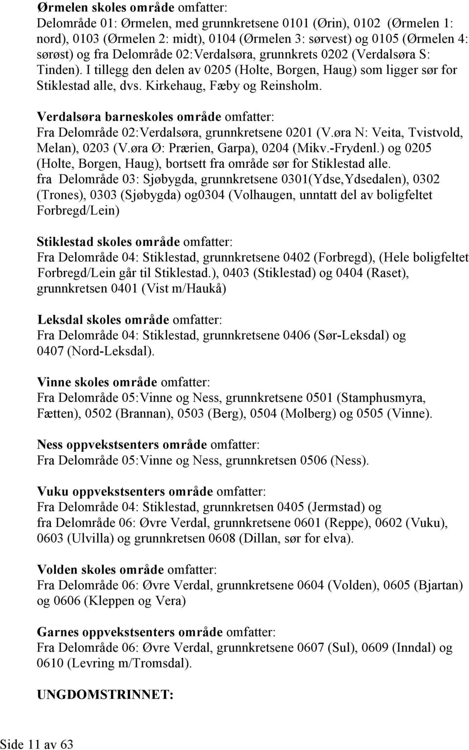 Verdalsøra barneskoles område omfatter: Fra Delområde 02:Verdalsøra, grunnkretsene 0201 (V.øra N: Veita, Tvistvold, Melan), 0203 (V.øra Ø: Prærien, Garpa), 0204 (Mikv.-Frydenl.