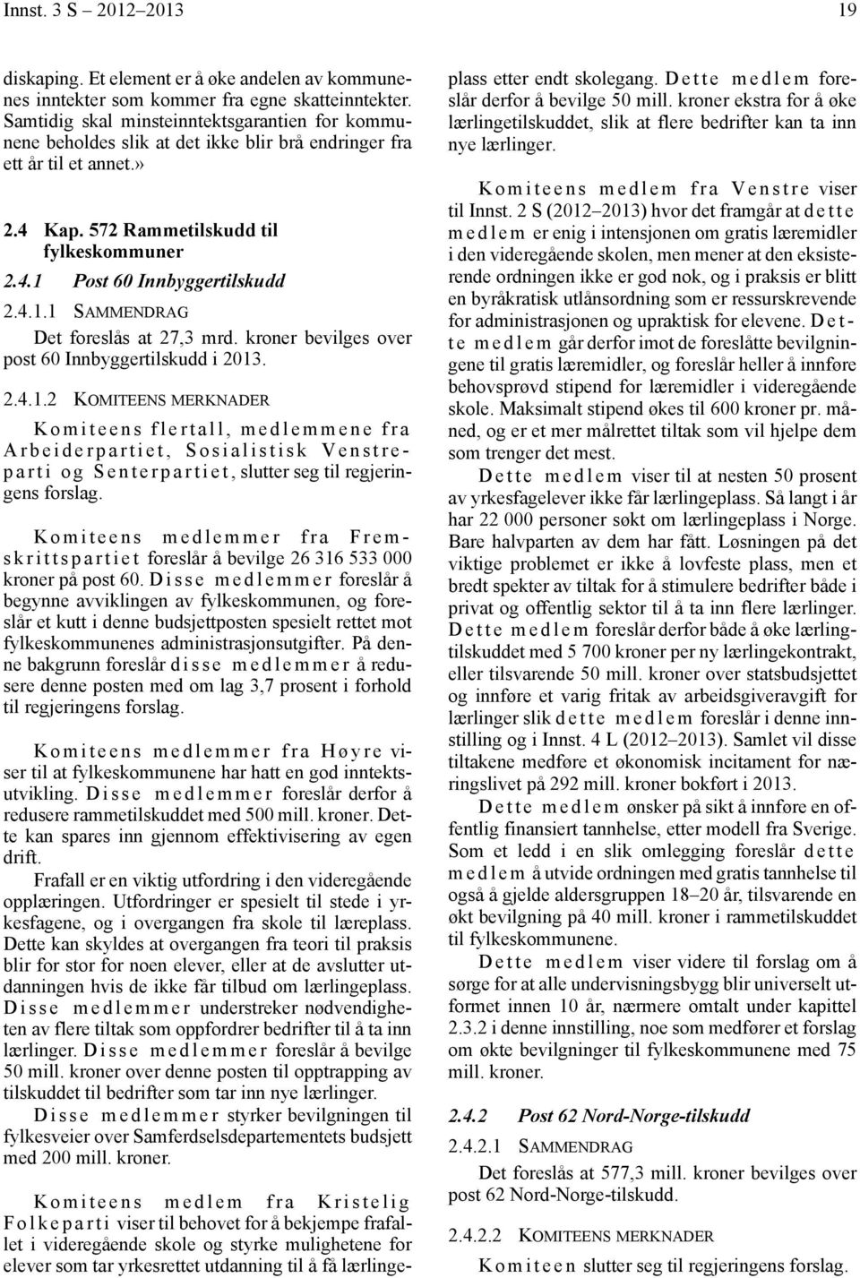 4.1.1 SAMMENDRAG Det foreslås at 27,3 mrd. kroner bevilges over post 60 Innbyggertilskudd i 2013. 2.4.1.2 KOMITEENS MERKNADER Komiteens flertall, medlemmene fra Arbeiderpartiet, Sosialistisk Venstrep a r t i o g S e n t e r p a r t i e t, slutter seg til regjeringens forslag.