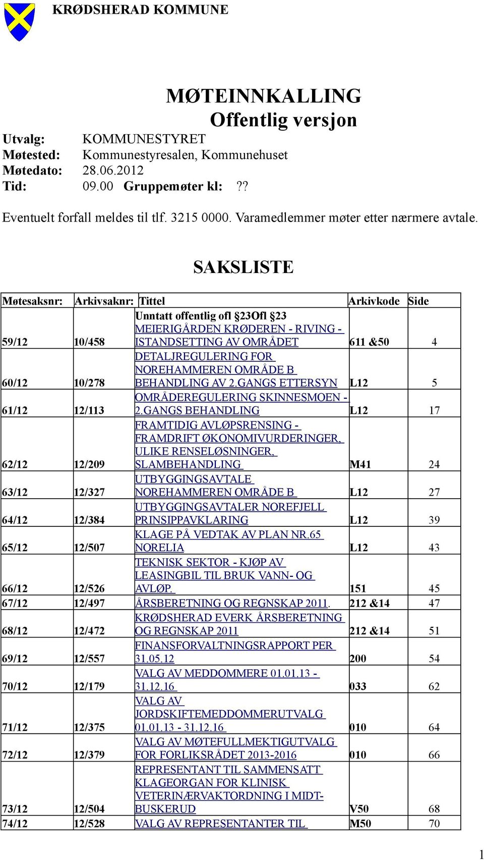 SAKSLISTE Møtesaksnr: 59/12 60/12 61/12 62/12 63/12 64/12 65/12 66/12 67/12 68/12 69/12 70/12 71/12 72/12 73/12 74/12 Arkivsaknr: Tittel Arkivkode Side Unntatt offentlig ofl 23Ofl 23 MEIERIGÅRDEN