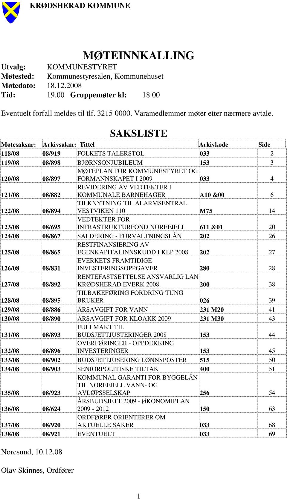 SAKSLISTE Møtesaksnr: Arkivsaknr: Tittel Arkivkode Side 118/08 08/919 FOLKETS TALERSTOL 033 2 119/08 08/898 BJØRNSONJUBILEUM 153 3 120/08 08/897 MØTEPLAN FOR KOMMUNESTYRET OG FORMANNSKAPET I 2009 033