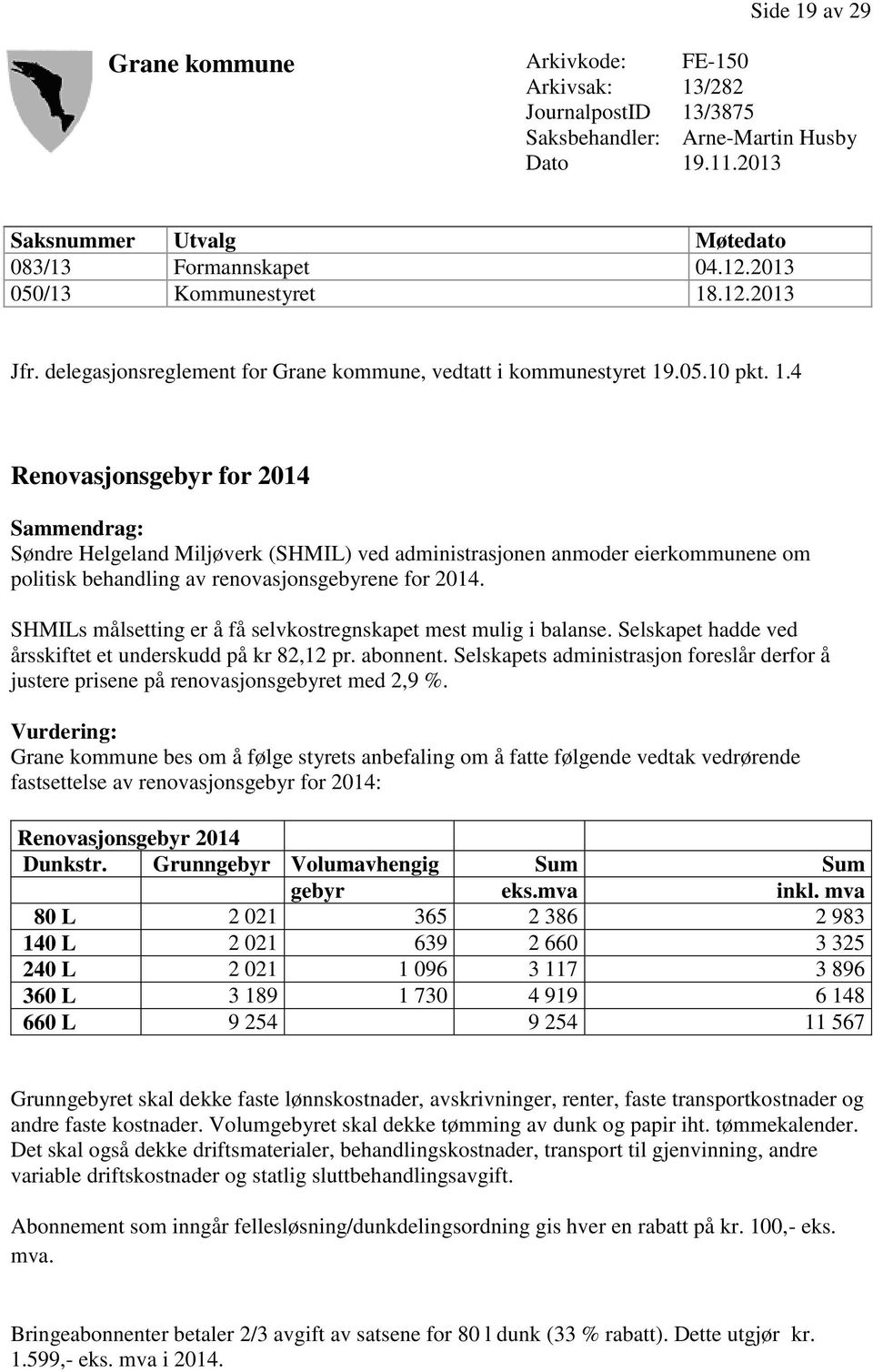 .12.2013 Jfr. delegasjonsreglement for Grane kommune, vedtatt i kommunestyret 19