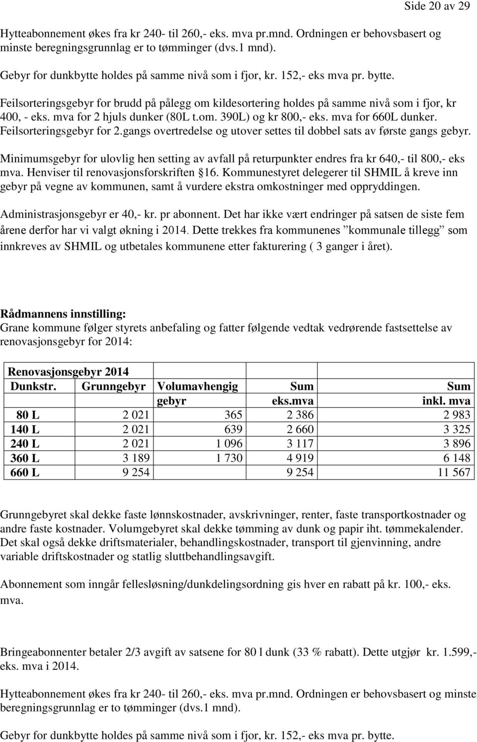 mva for 2 hjuls dunker (80L t.om. 390L) og kr 800,- eks. mva for 660L dunker. Feilsorteringsgebyr for 2.gangs overtredelse og utover settes til dobbel sats av første gangs gebyr.