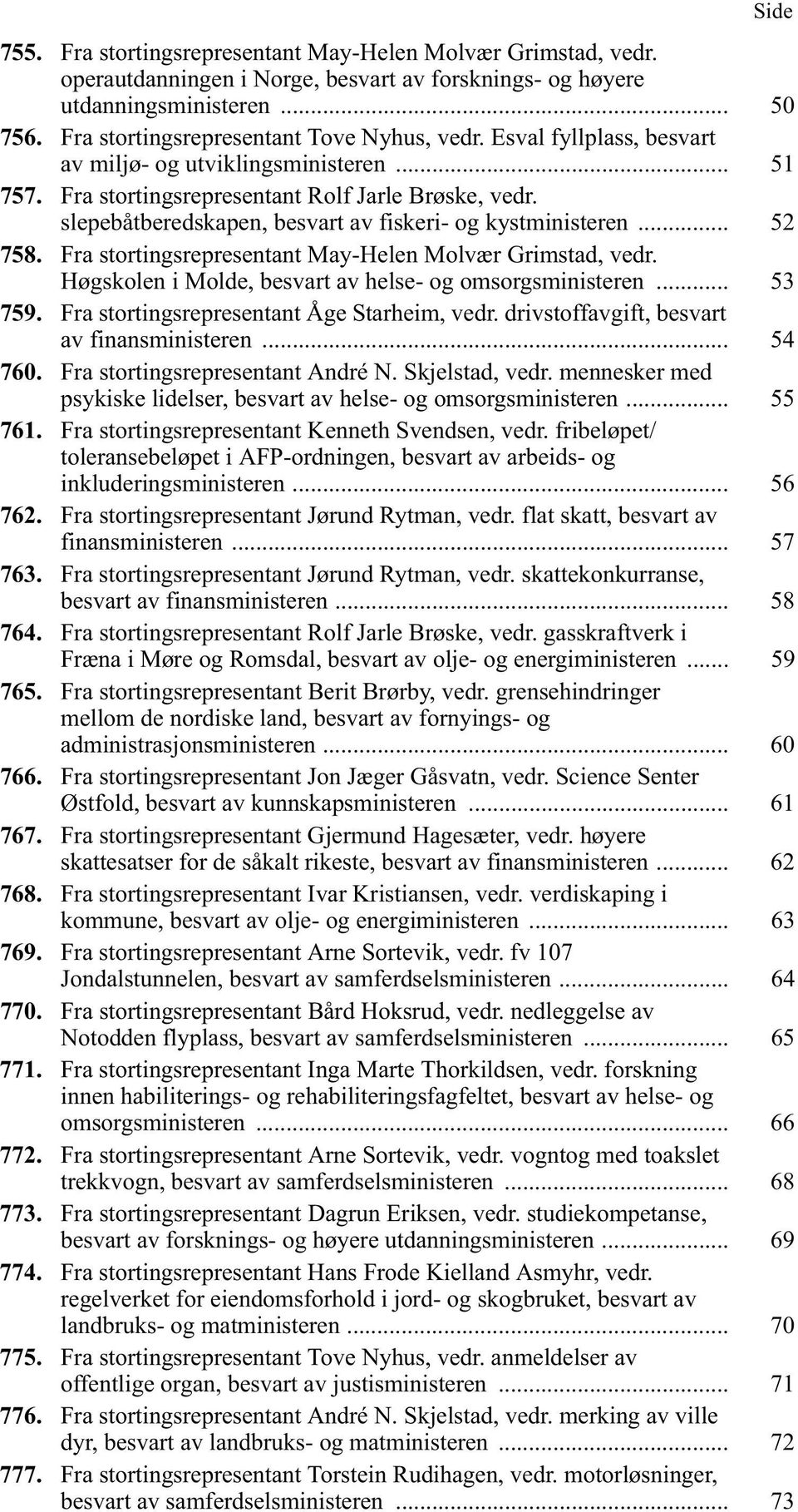 slepebåtberedskapen, besvart av fiskeri- og kystministeren... 52 758. Fra stortingsrepresentant May-Helen Molvær Grimstad, vedr. Høgskolen i Molde, besvart av helse- og omsorgsministeren... 53 759.