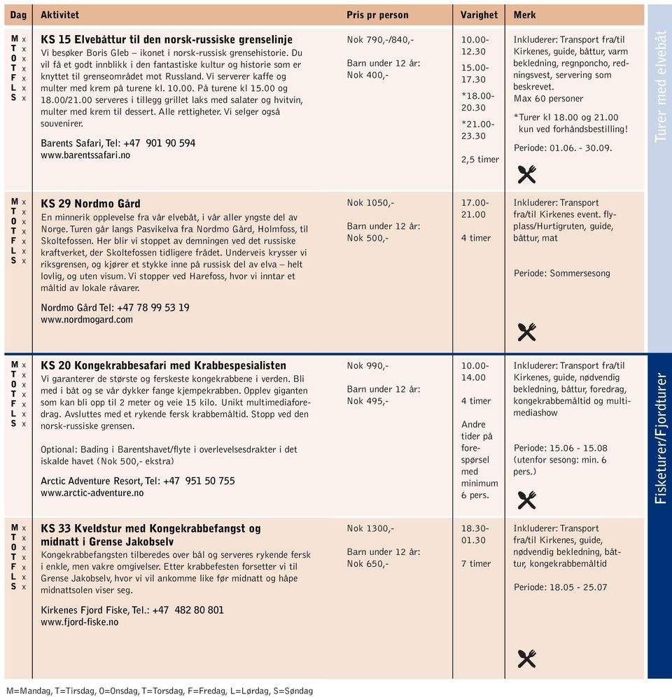 00 serveres i tillegg grillet laks med salater og hvitvin, multer med krem til dessert. Alle rettigheter. Vi selger også souvenirer. Barents afari, el: +47 901 90 594 Nok 790,-/840,- Nok 400,- 12.