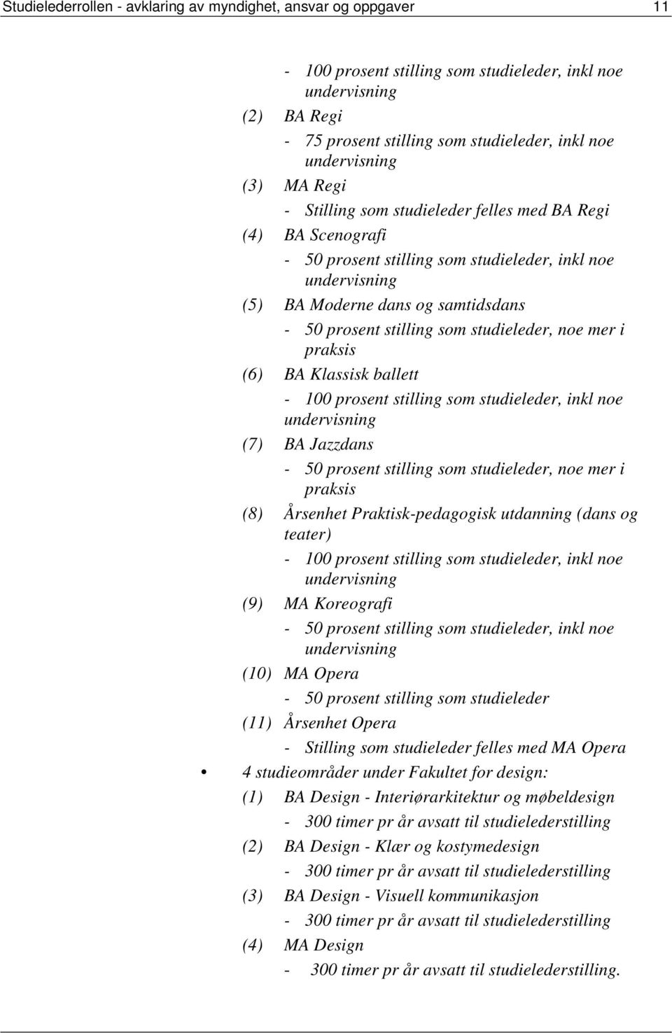studieleder, noe mer i praksis (6) BA Klassisk ballett - 100 prosent stilling som studieleder, inkl noe undervisning (7) BA Jazzdans - 50 prosent stilling som studieleder, noe mer i praksis (8)
