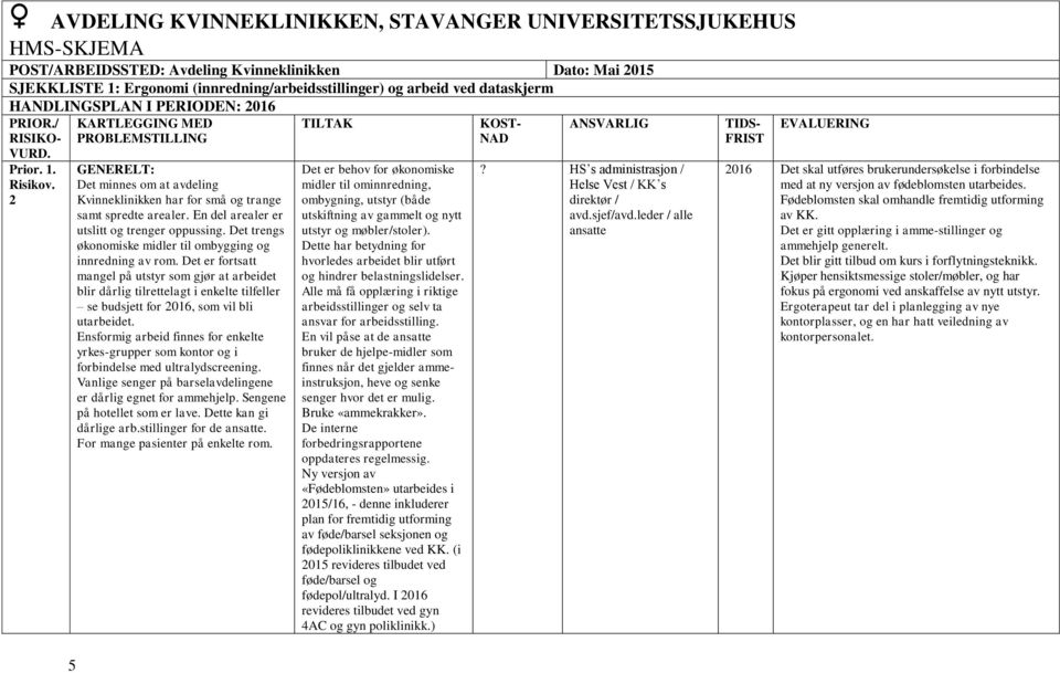 2 5 GENERELT: Det minnes om at avdeling Kvinneklinikken har for små og trange samt spredte arealer. En del arealer er utslitt og trenger oppussing.