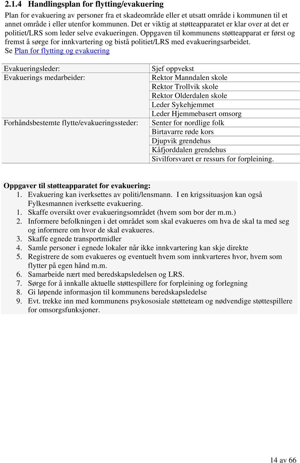 Oppgaven til kommunens støtteapparat er først og fremst å sørge for innkvartering og bistå politiet/lrs med evakueringsarbeidet.