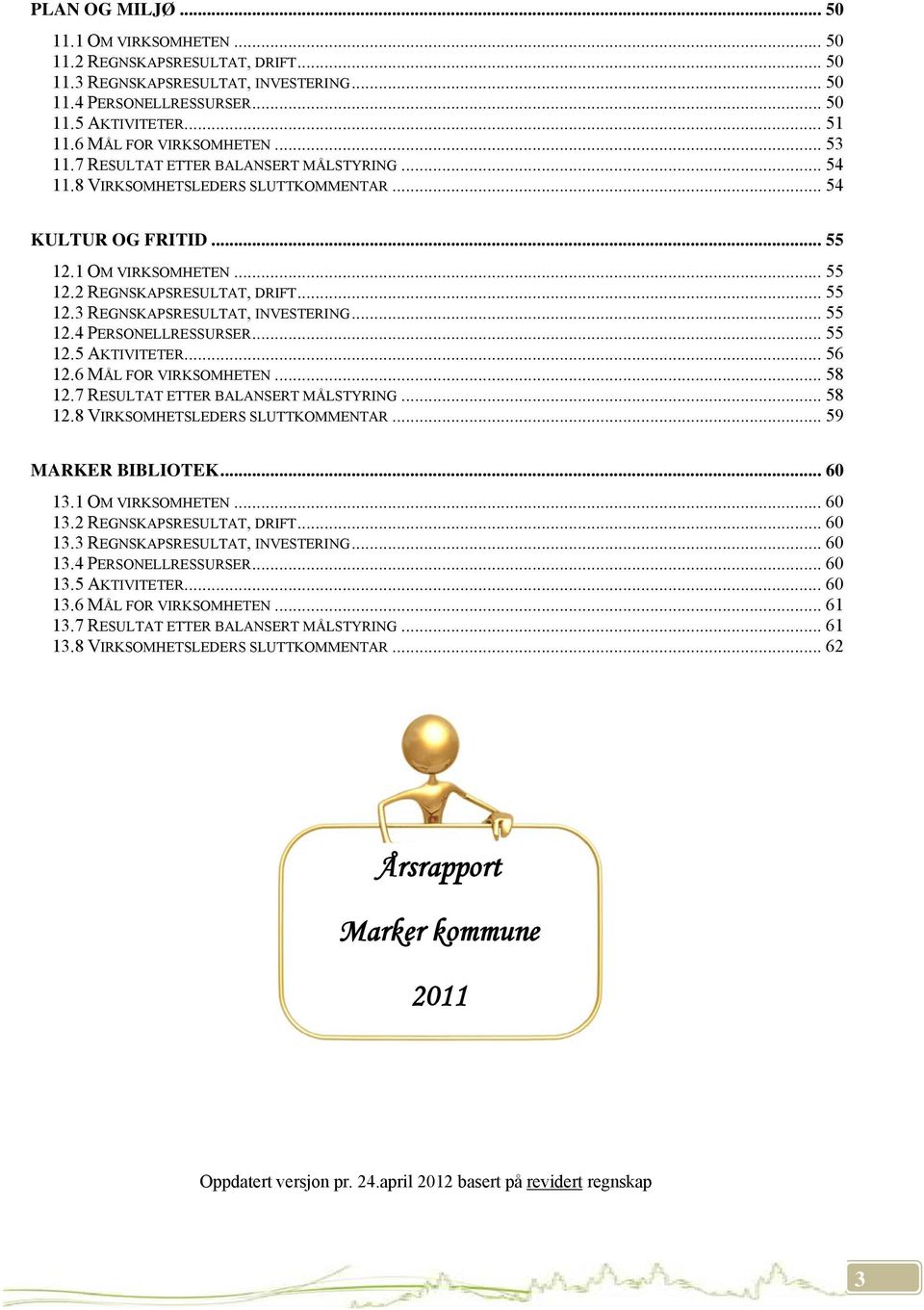 .. 55 12.3 REGNSKAPSRESULTAT, INVESTERING... 55 12.4 PERSONELLRESSURSER... 55 12.5 AKTIVITETER... 56 12.6 MÅL FOR VIRKSOMHETEN... 58 12.7 RESULTAT ETTER BALANSERT MÅLSTYRING... 58 12.8 VIRKSOMHETSLEDERS SLUTTKOMMENTAR.