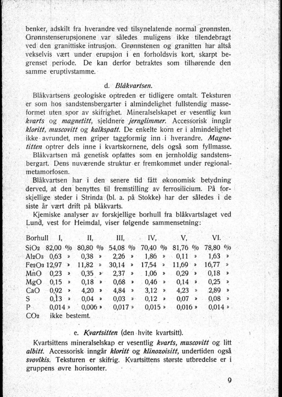 Bll\kvartsens geologiske optreden er tidligere omtalt. Teksturen er SOm hos sandstensbergarter i almindelighet fullstendig massefonnet uten spor av skifrighe\. Mineralselskapet er vesentlig kun.