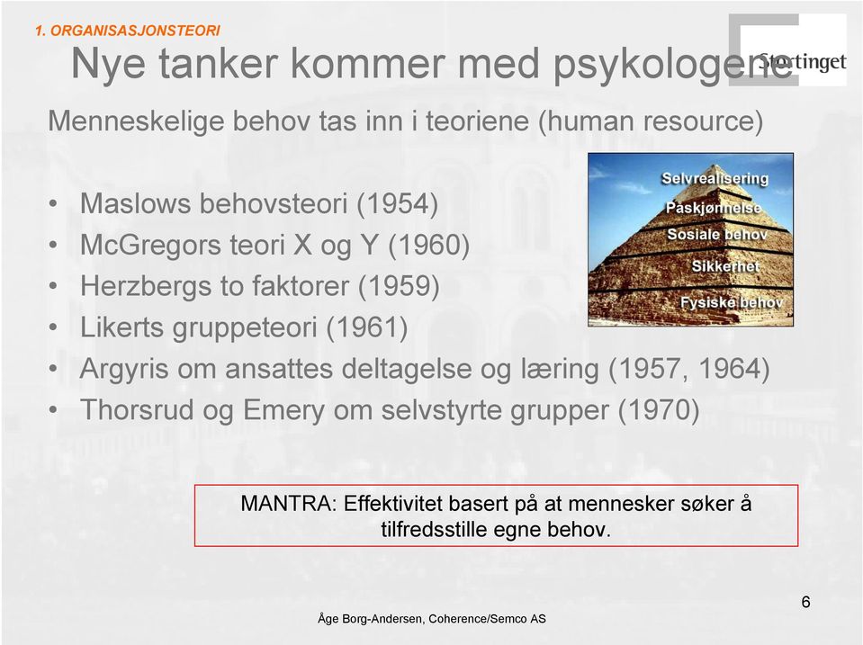 Likerts gruppeteori (1961) Argyris om ansattes deltagelse og læring (1957, 1964) Thorsrud og Emery om