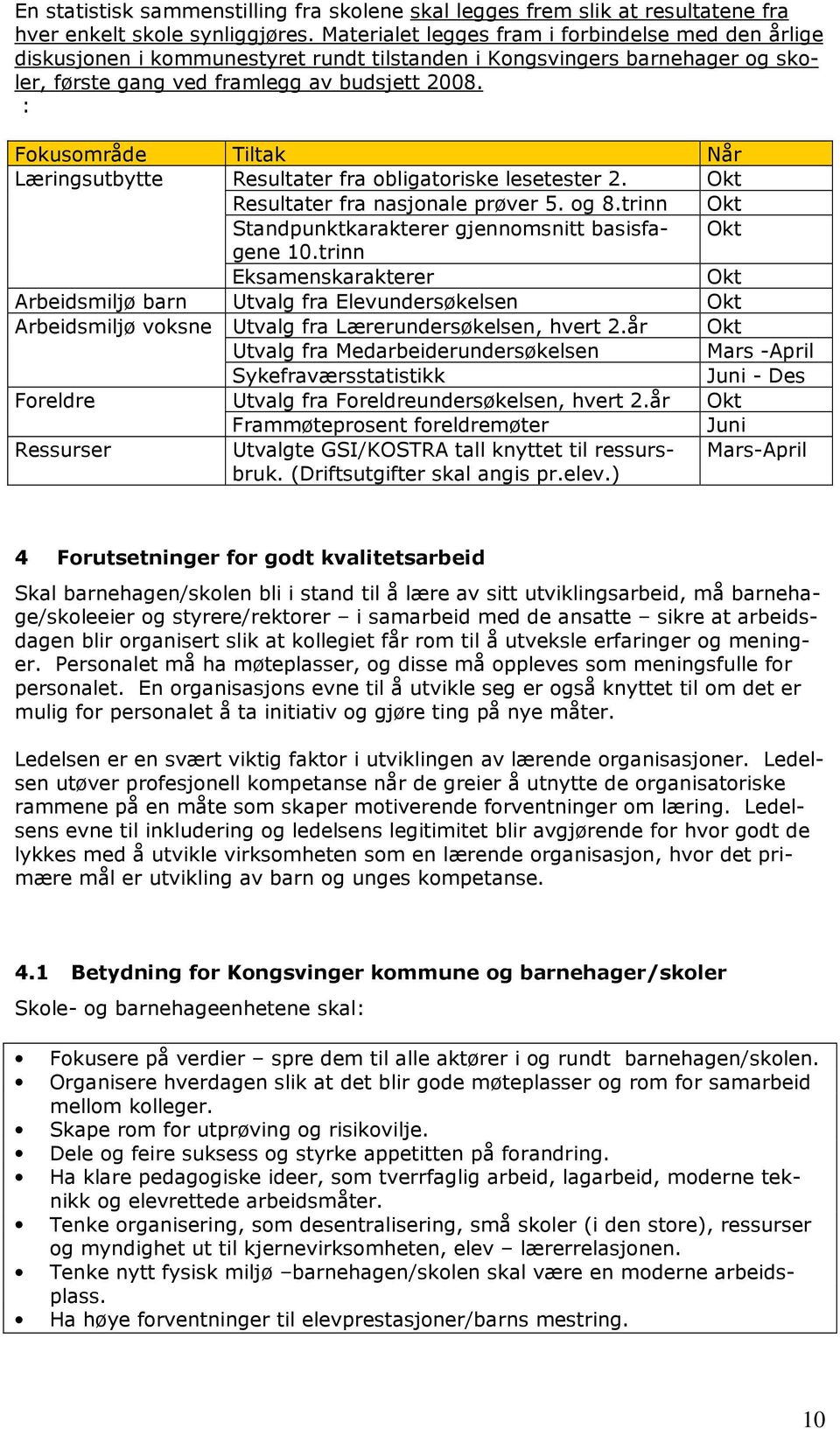 : Fokusområde Tiltak Når Læringsutbytte Resultater fra obligatoriske lesetester 2. Okt Resultater fra nasjonale prøver 5. og 8.trinn Okt Standpunktkarakterer gjennomsnitt basisfagene 10.