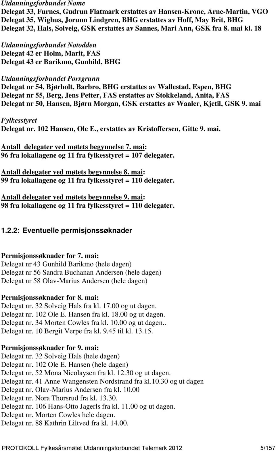 18 Utdanningsforbundet Notodden Delegat 42 er Holm, Marit, FAS Delegat 43 er Barikmo, Gunhild, BHG Utdanningsforbundet Porsgrunn Delegat nr 54, Bjørholt, Barbro, BHG erstattes av Wallestad, Espen,