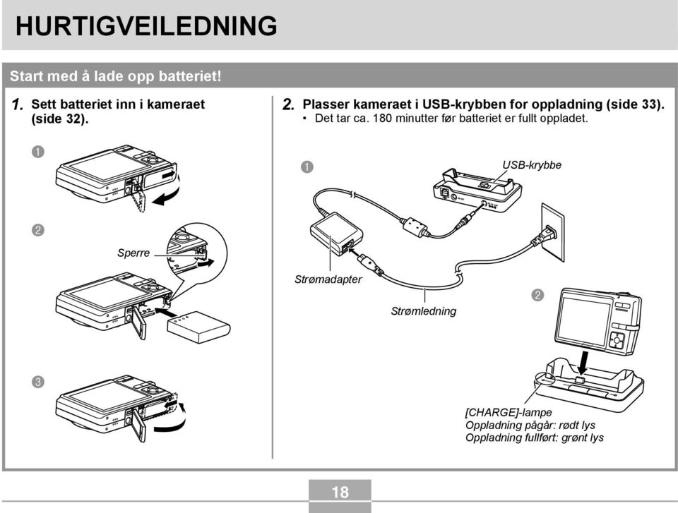 Plasser kameraet i USB-krybben for oppladning (side 33). Det tar ca.