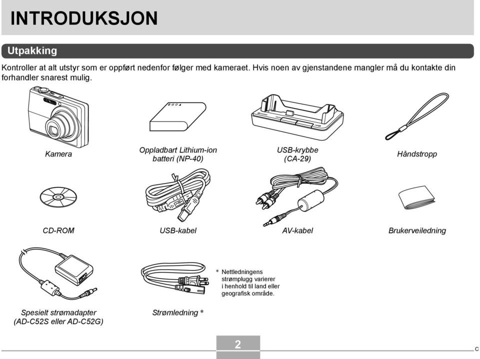 Kamera Oppladbart Lithium-ion batteri (NP-40) USB-krybbe (CA-29) Håndstropp CD-ROM USB-kabel AV-kabel