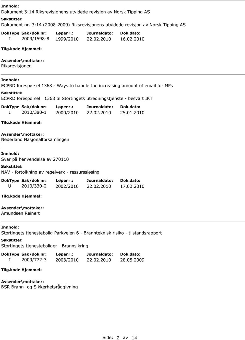 2000/2010 25.01.2010 Nederland Nasjonalforsamlingen Svar på henvendelse av 270110 NAV - fortolkning av regelverk - ressurssløsing 2010/330-2 2002/