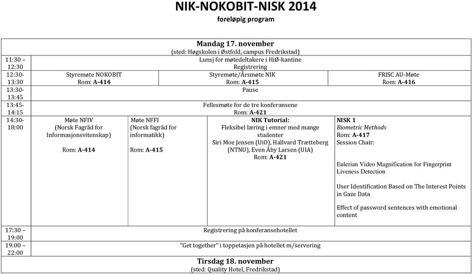 november (sted: Høgskolen i Østfold, campus Fredrikstad) Lunsj for møtedeltakere i HiØ-kantine Registrering Styremøte/Årsmøte NIK Rom: A-415 Pause Fellesmøte for de tre konferansene Rom: A-421 NIK