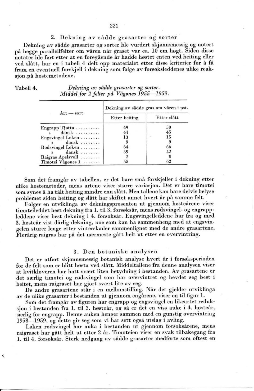 forskjell i dekning som følge av forsøksleddenes ulike reaksjon på høstemetodene. Tabell4. Dekning øa såilde grasarter og sorter. Miililel for 2 feher p& Vågønes 1955-1959.