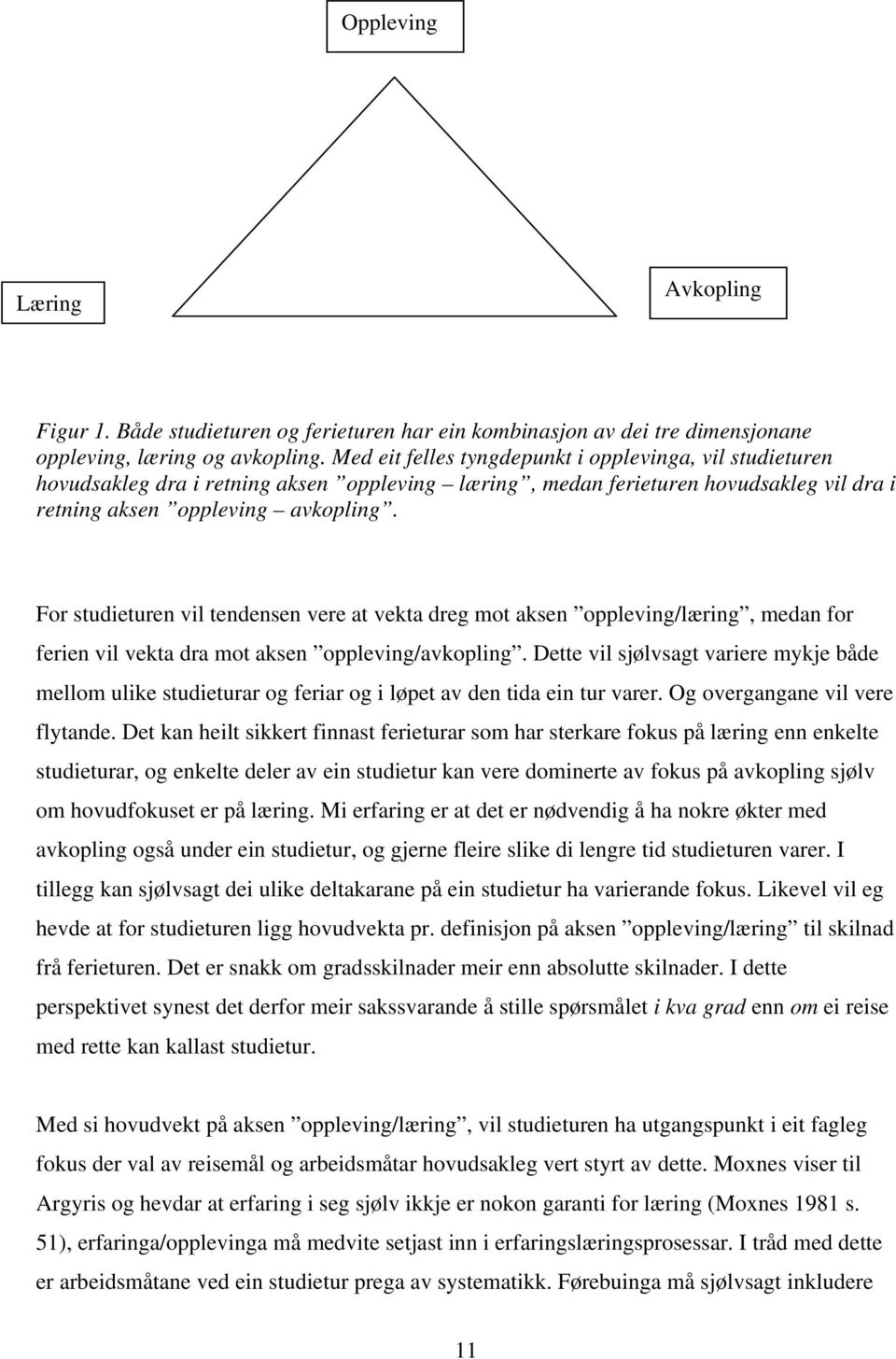 For studieturen vil tendensen vere at vekta dreg mot aksen oppleving/læring, medan for ferien vil vekta dra mot aksen oppleving/avkopling.