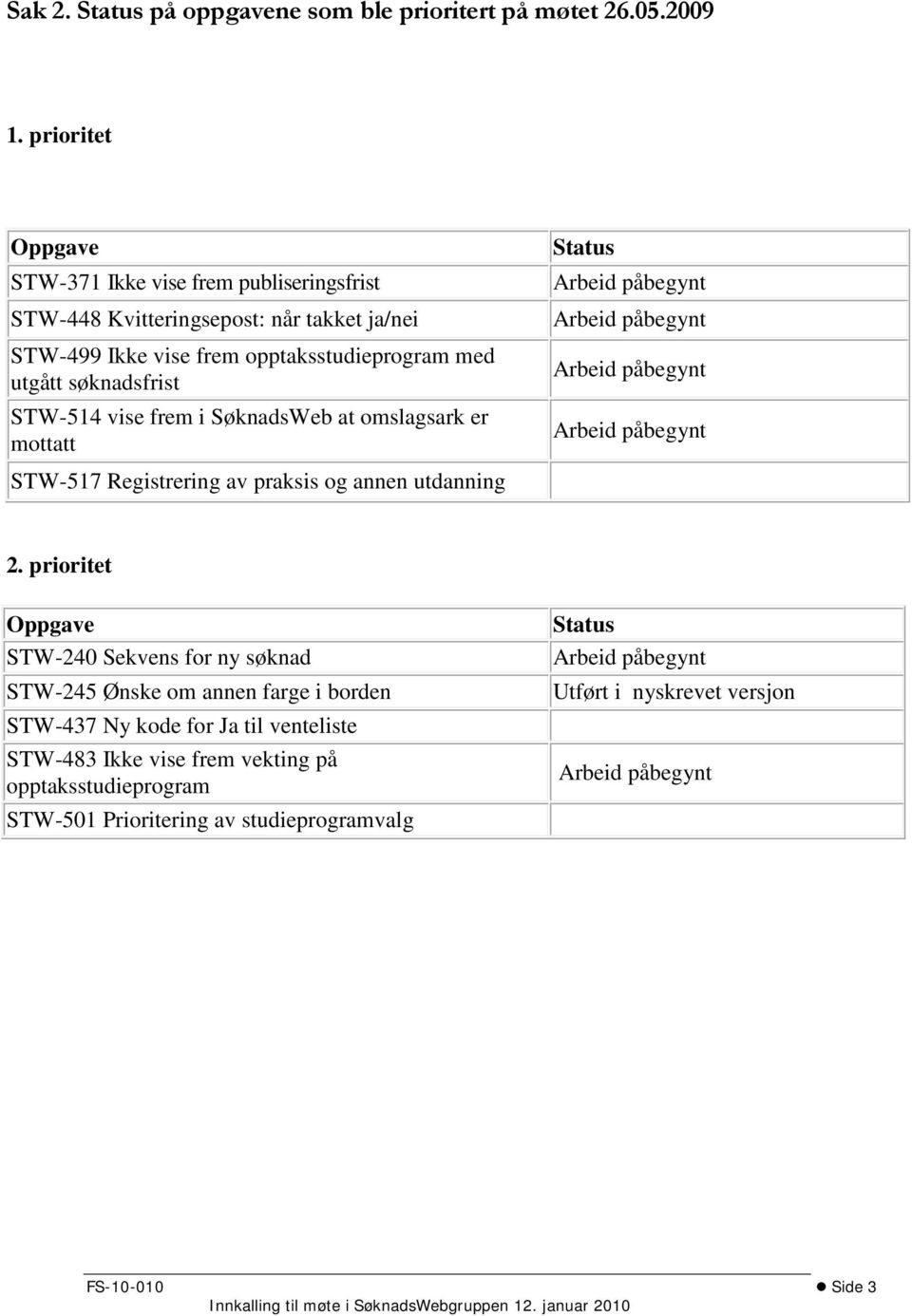 i at omslagsark er mottatt Status Arbeid påbegynt Arbeid påbegynt Arbeid påbegynt Arbeid påbegynt STW-517 Registrering av praksis og annen utdanning 2.